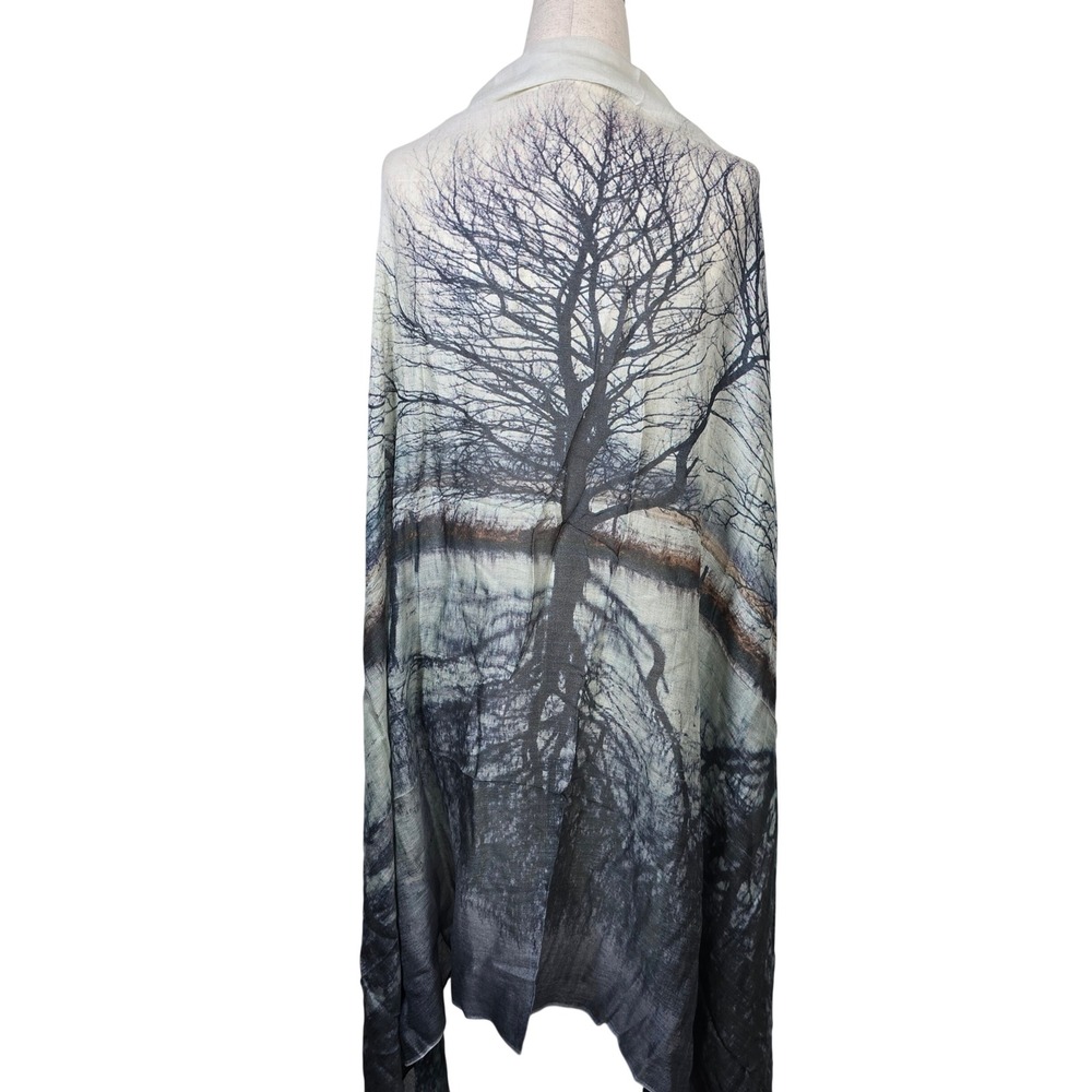 Ahujasons Tree Landscape Graphic Scarf Wrap Cotton Modal Blue Cream One Size